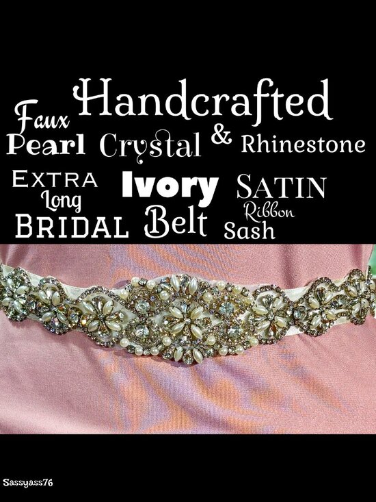 Hand Crafted Accessories - 🆕HANDCRAFTED▪️Faux Pearl Crystal Rhinestone Extra Long Ivory Satin Ribbon Belt